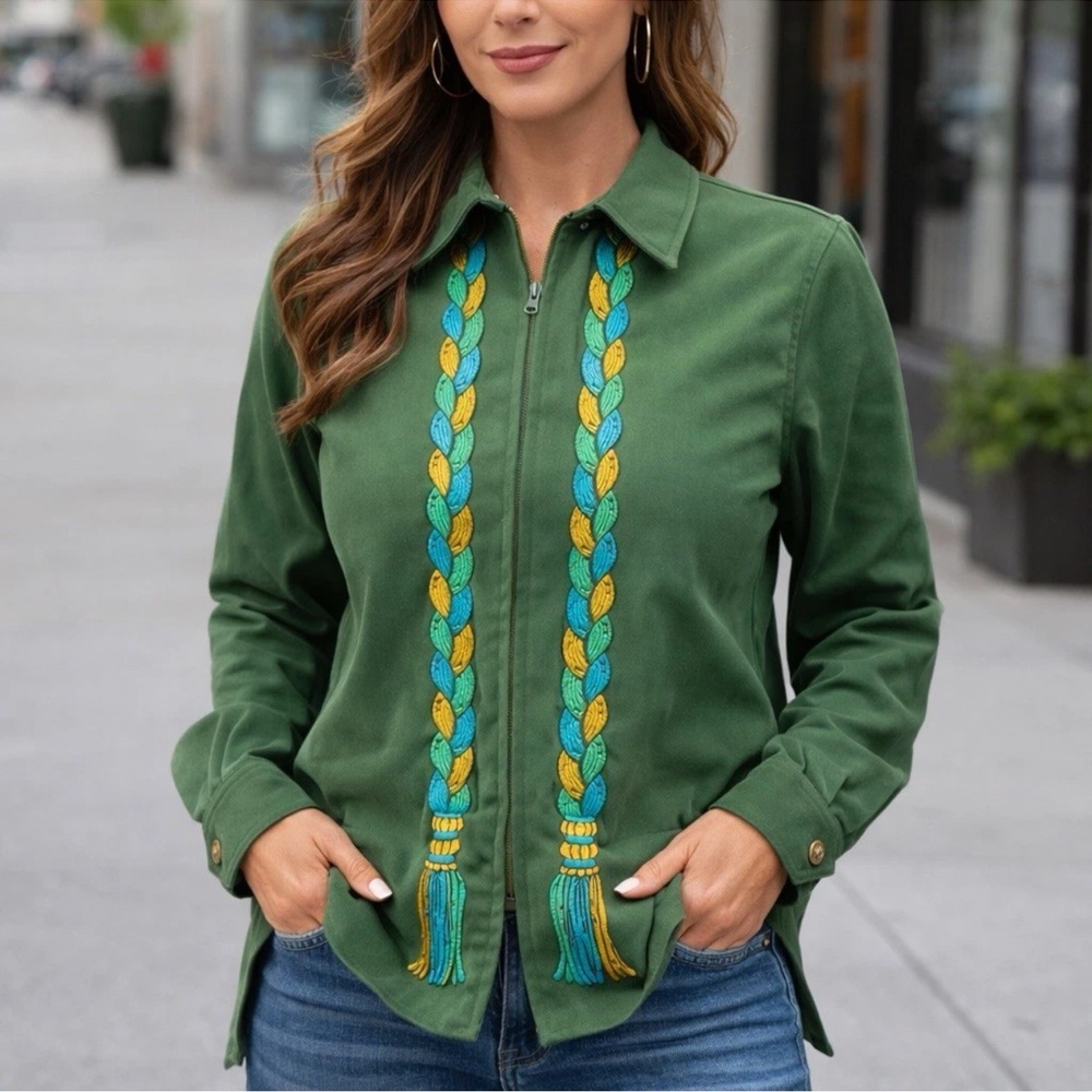Bob Mackie Wearable Art Embroidered Tassel Jacket Shirt XS Green Western Boho